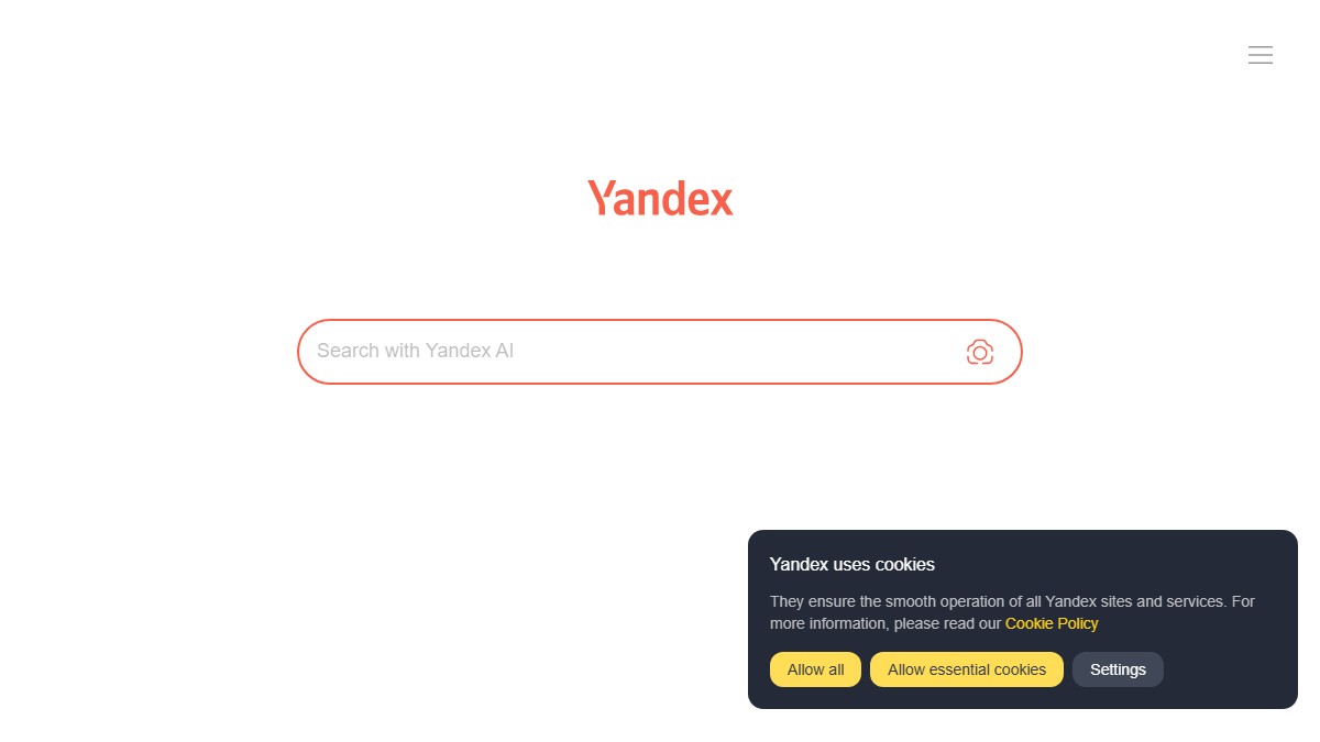 Yandex搜索引擎首页截图，显示搜索框和主要功能入口